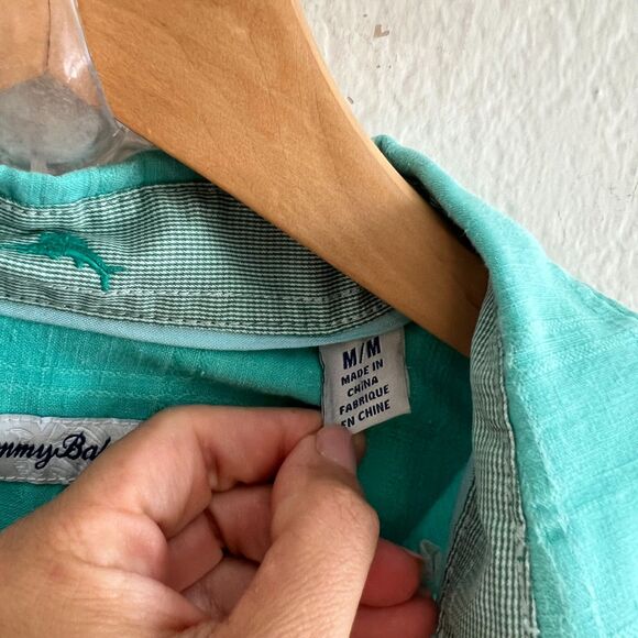 TOMMY BAHAMA Vintage Teal Green Linen Short Sleeve Button Down Shirt Mens Medium - Picture 4 of 7